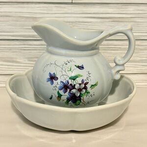 Vintage McCoy Pottery Pitcher & Bowl Wash Basin Set Violets Purple Floral #7528